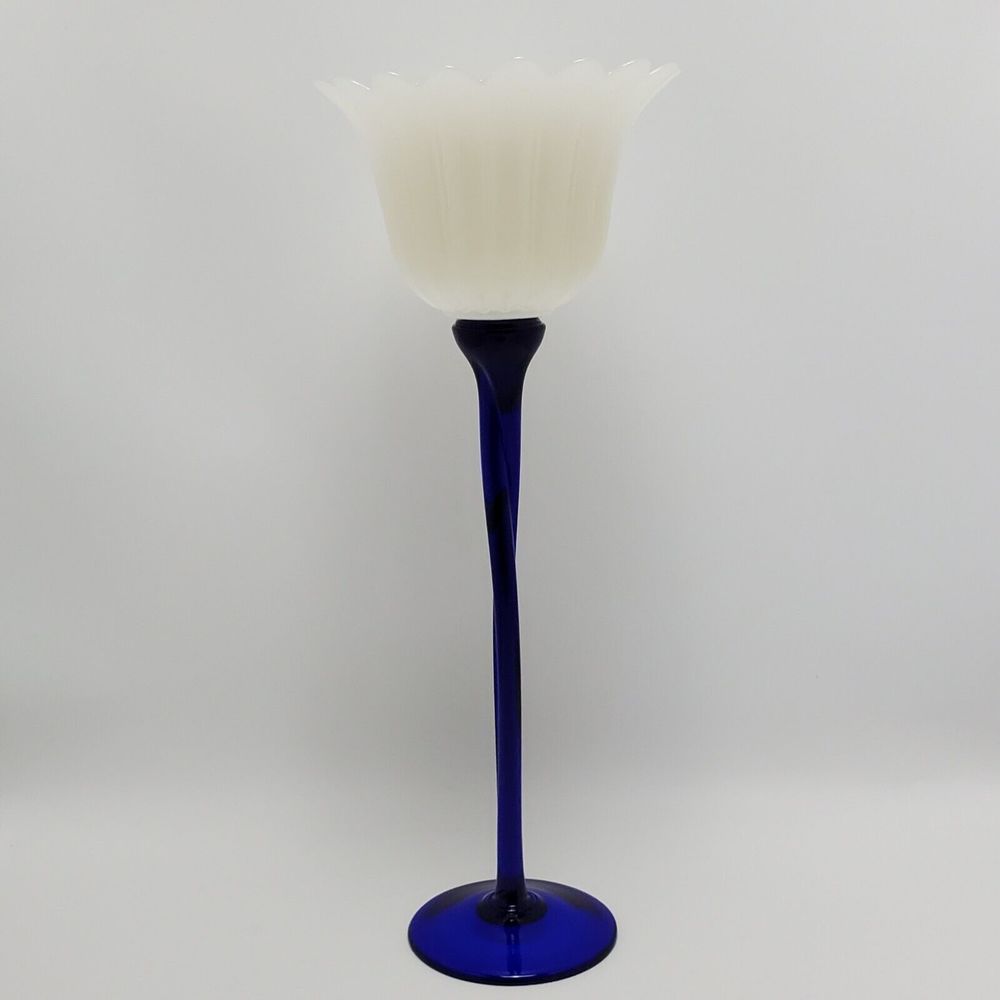 Frosted Flowered Tulip Tall Cobalt Blue Long Stem Art Glass Candle Holder 16"